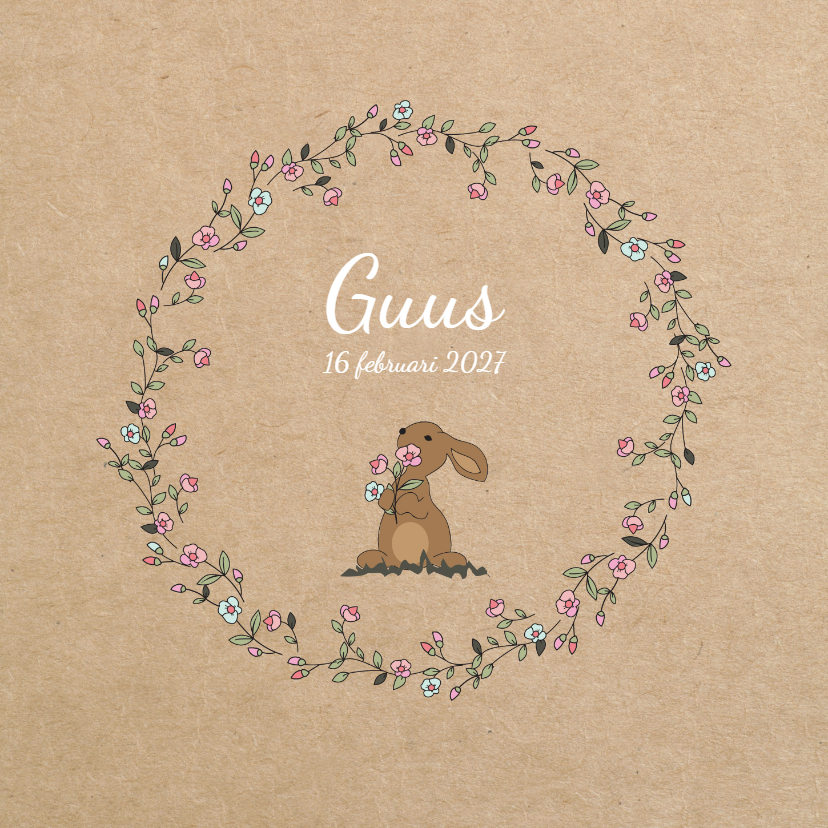 Geboortekaart bloemenkrans met lief konijntje - Geboortekaartjes Geboortekaartjes - Geboortekaart bloemenkrans met lief konijntje