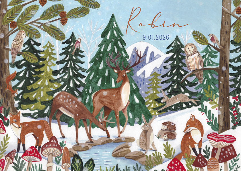 Geboortekaartjes - Geboortekaart hertjes en vosje in winter landschap