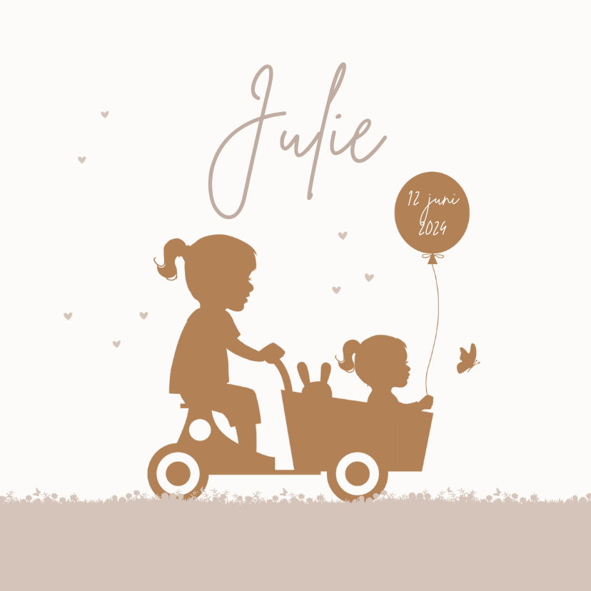 Geboortekaartjes - Geboortekaart houten bakfiets met zusjes ballon