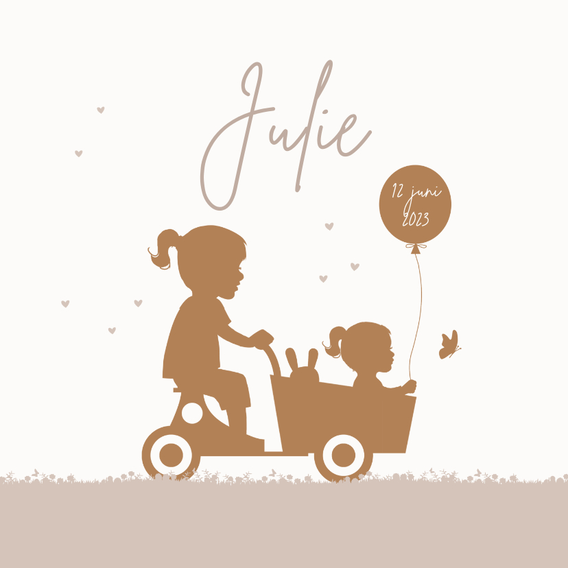 Geboortekaart houten bakfiets met zusjes ballon - Geboortekaartjes Geboortekaartjes - Geboortekaart houten bakfiets met zusjes ballon