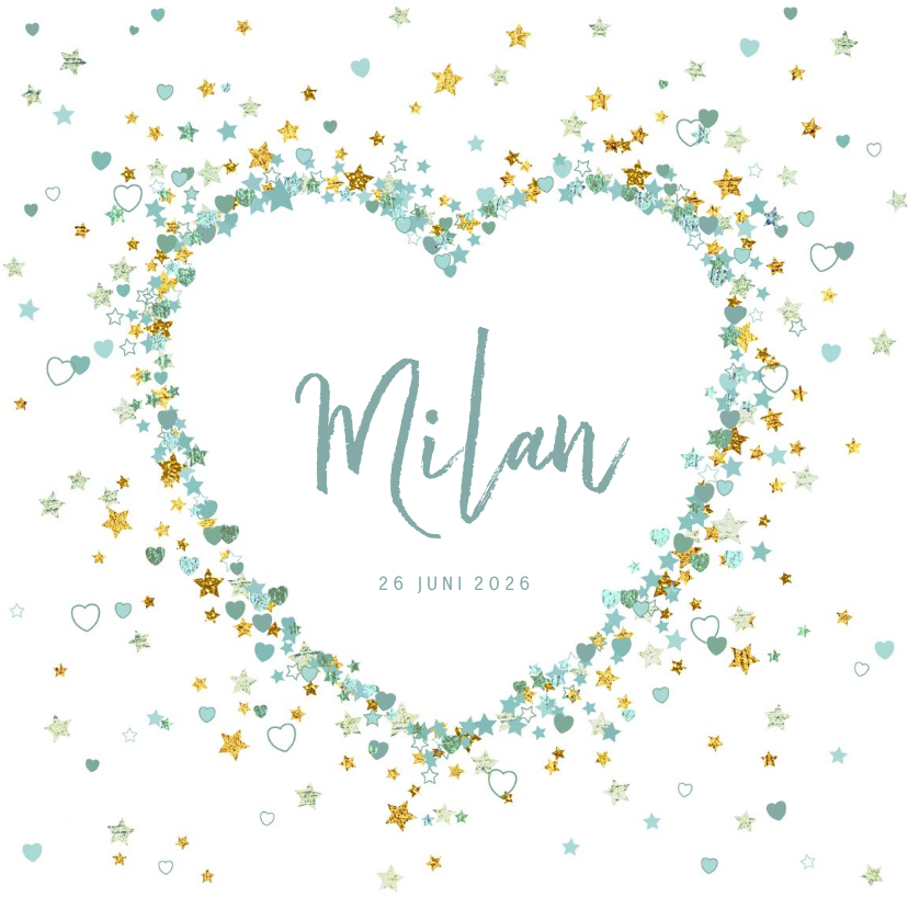 Geboortekaart jongen lief met hart van sterren en hartjes - Geboortekaartjes Geboortekaartjes - Geboortekaart jongen lief met hart van sterren en hartjes