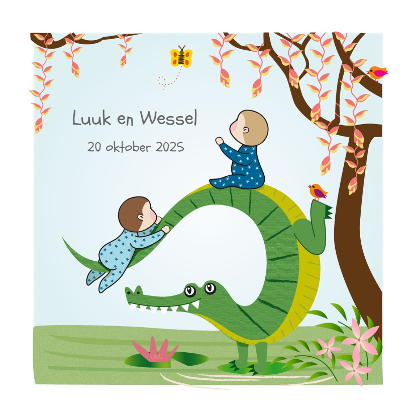 Geboortekaart klimmen op een krokodil - Geboortekaartjes Geboortekaartjes - Geboortekaart klimmen op een krokodil