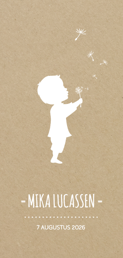 Geboortekaart langwerpig met silhouet jongen en paardebloem - Geboortekaartjes Geboortekaartjes - Geboortekaart langwerpig met silhouet jongen en paardebloem
