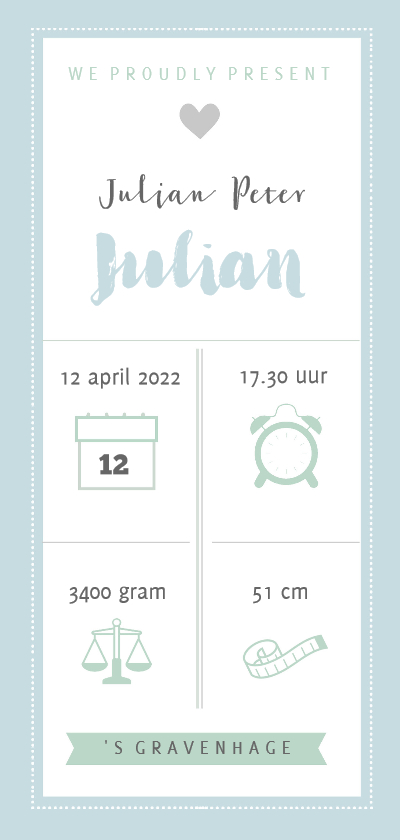 Geboortekaart langwerpig pictogrammen blauw - BC - Geboortekaartjes Geboortekaartjes - Geboortekaart langwerpig pictogrammen blauw - BC