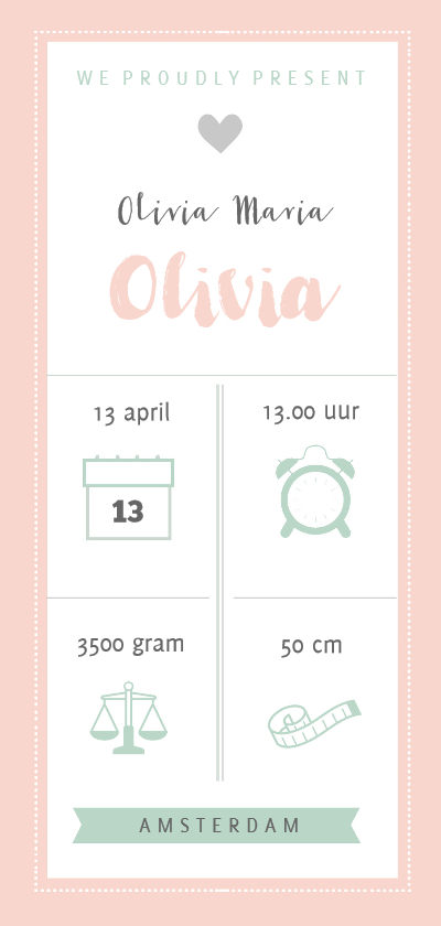 Geboortekaart langwerpig pictogrammen roze - BC - Geboortekaartjes Geboortekaartjes - Geboortekaart langwerpig pictogrammen roze - BC