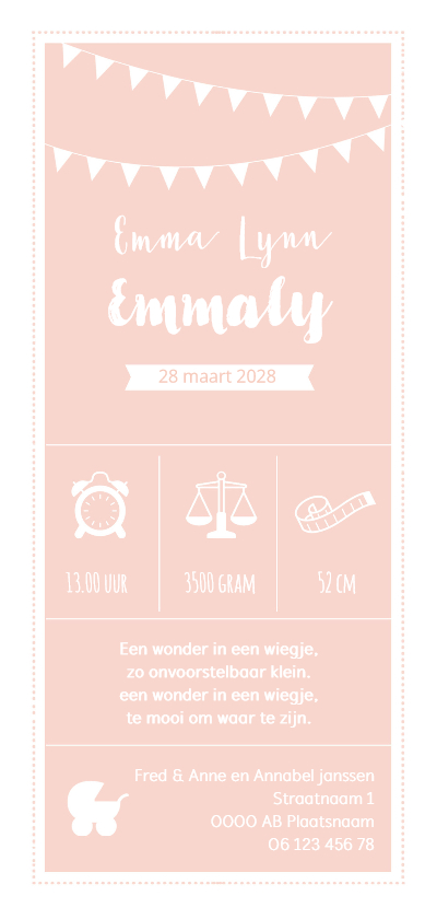 Geboortekaart langwerpig roze wit pictogrammen - BC - Geboortekaartjes Geboortekaartjes - Geboortekaart langwerpig roze wit pictogrammen - BC