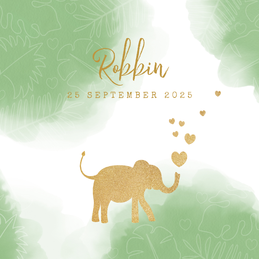 Geboortekaart lief waterverf silhouet olifant met hartjes. - Geboortekaartjes Geboortekaartjes - Geboortekaart lief waterverf silhouet olifant met hartjes.