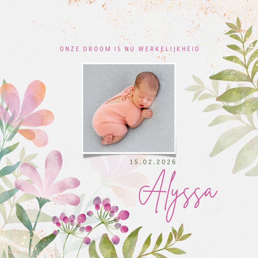 Geboortekaartjes - Geboortekaart meisje aquarel bloemen en foto