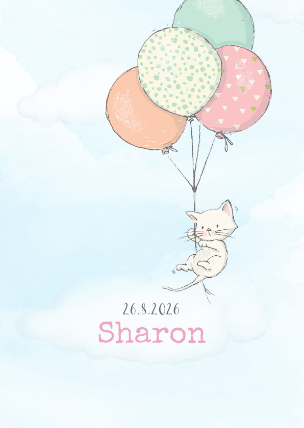 Geboortekaartjes - Geboortekaart meisje, kitten en ballonnen