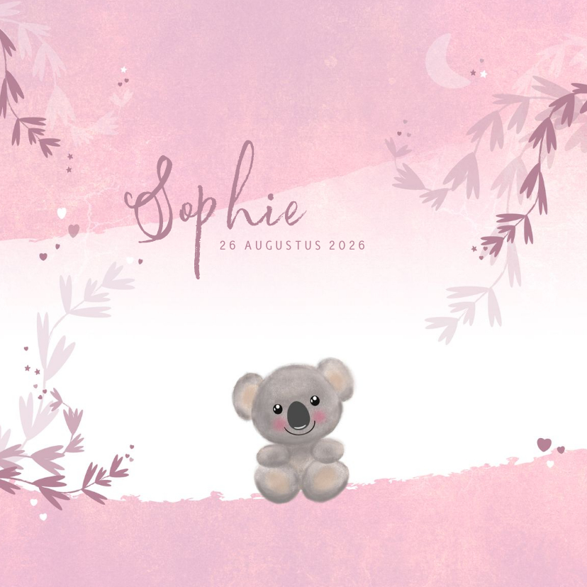 Geboortekaartjes - Geboortekaart meisje lief koalabeertje hartjes sterren maan
