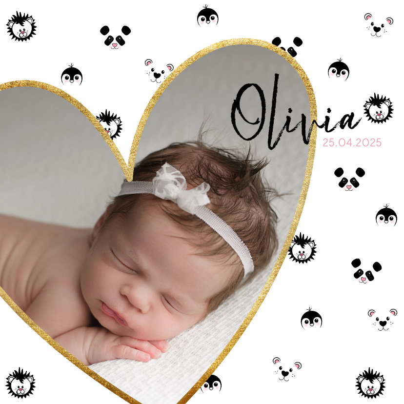 Geboortekaartjes - Geboortekaart meisje met foto en zwart-wit dieren patroon