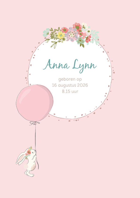Geboortekaartjes - Geboortekaart meisje met konijn, ballon en bloemen