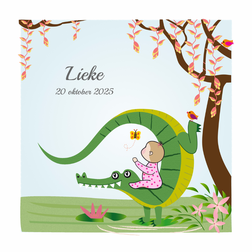 Geboortekaart meisje met krokodil - Geboortekaartjes Geboortekaartjes - Geboortekaart meisje met krokodil