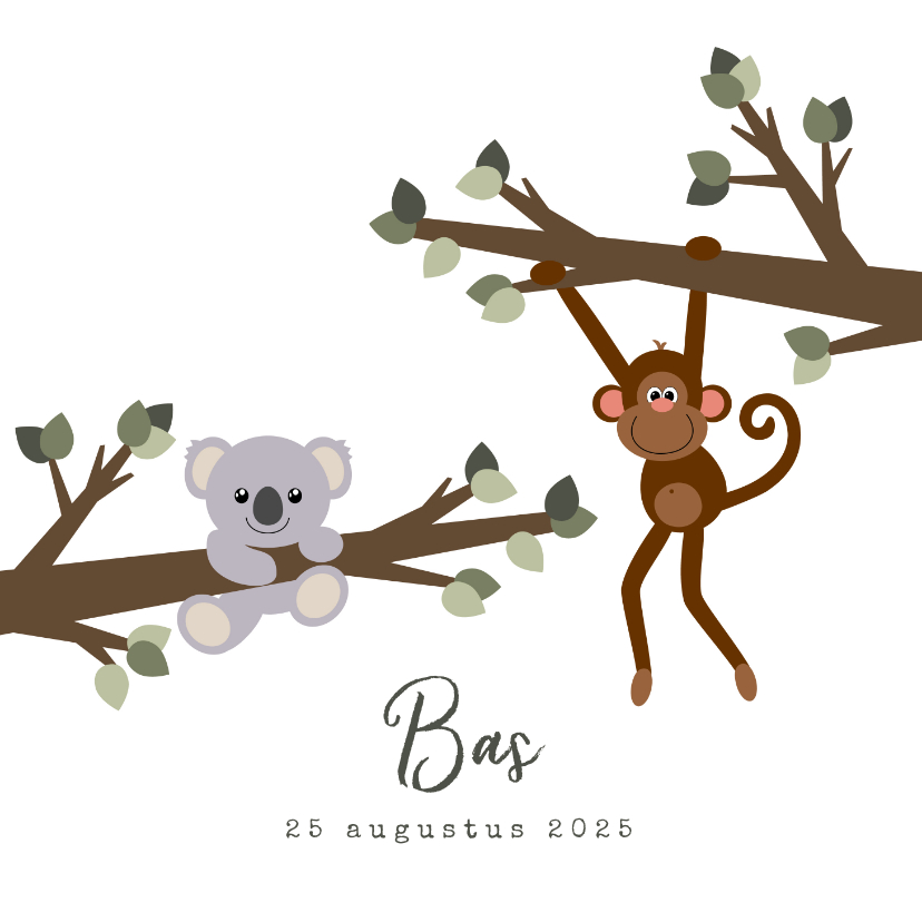 Geboortekaartjes - Geboortekaart met een lief ontwerp van een aapje en koala 