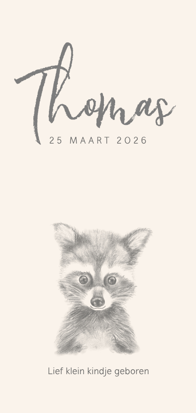 Geboortekaart met een potloodtekening van een wasbeertje - Geboortekaartjes Geboortekaartjes - Geboortekaart met een potloodtekening van een wasbeertje