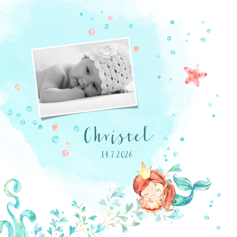 Geboortekaartjes - Geboortekaart met een slapende zeemeermin in waterverf look