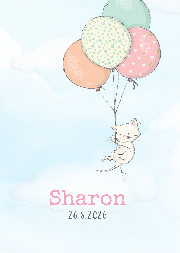 Geboortekaart met kitten en ballonnen - Geboortekaartjes Geboortekaartjes - Geboortekaart met kitten en ballonnen