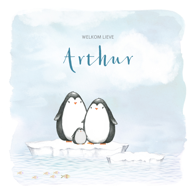 Geboortekaartjes - Geboortekaart met pinguin op ijsschots