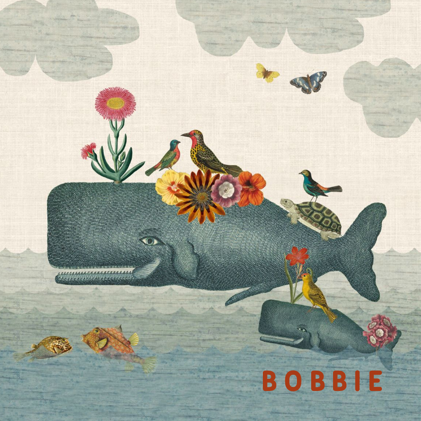 Geboortekaart met walvis, andere dieren en bloemen - Geboortekaartjes Geboortekaartjes - Geboortekaart met walvis, andere dieren en bloemen