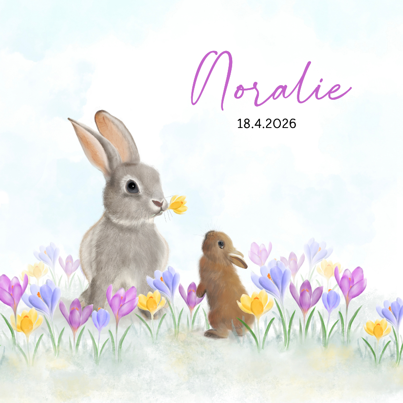 Geboortekaart moeder- en babykonijn tussen de krokussen - Geboortekaartjes Geboortekaartjes - Geboortekaart moeder- en babykonijn tussen de krokussen