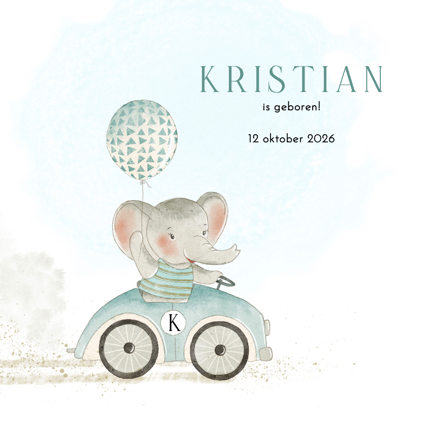 Geboortekaartjes - Geboortekaart olifant met ballon in auto