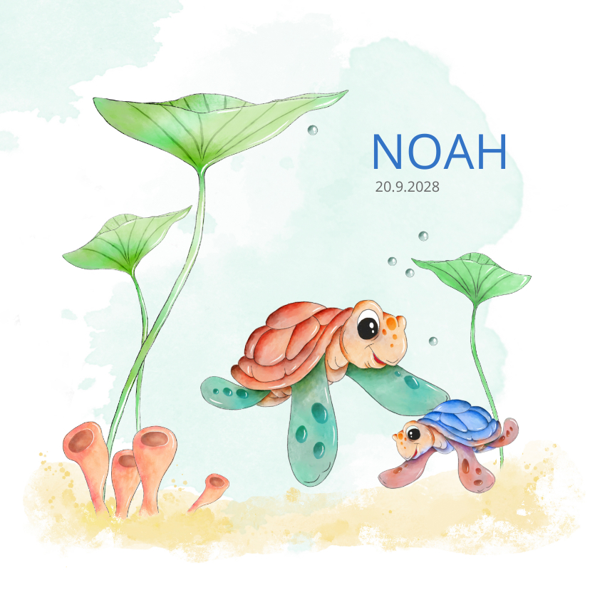 Geboortekaart schildpad groot en klein met waterplanten - Geboortekaartjes Geboortekaartjes - Geboortekaart schildpad groot en klein met waterplanten