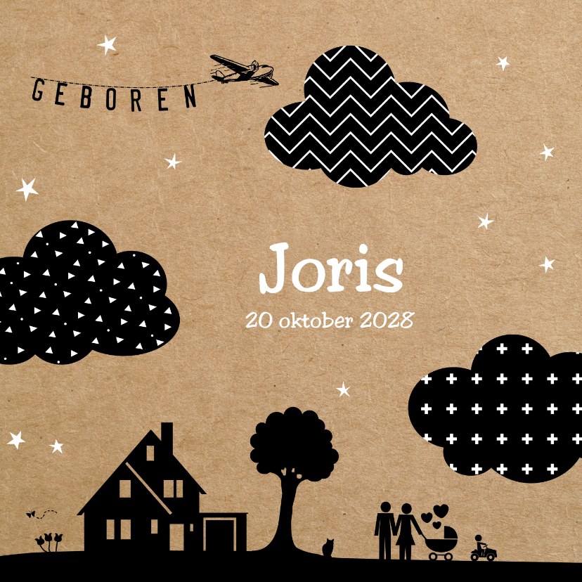 Geboortekaart silhouette met moderne wolken - Geboortekaartjes Geboortekaartjes - Geboortekaart silhouette met moderne wolken