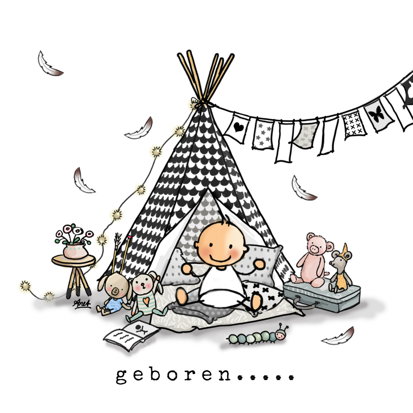 Geboortekaartjes - Geboortekaart Tipi zwartwit