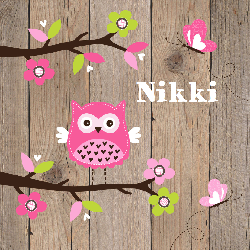 Geboortekaart uiltje boom houtlook - Geboortekaartjes Geboortekaartjes - Geboortekaart uiltje boom houtlook