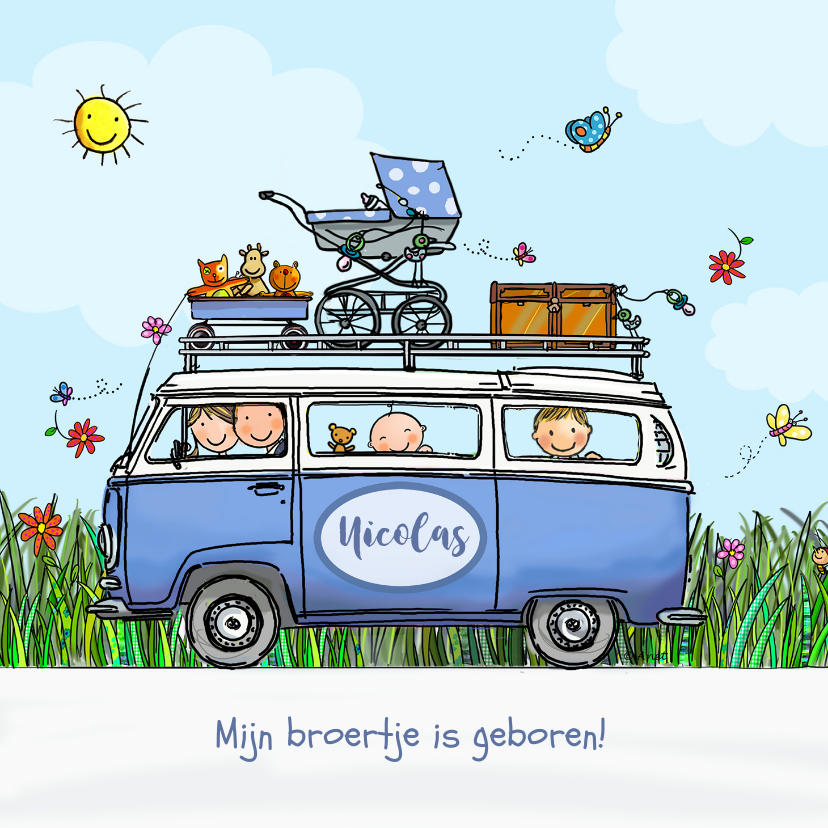 Geboortekaart VW blauw met broertjes - Geboortekaartjes Geboortekaartjes - Geboortekaart VW blauw met broertjes