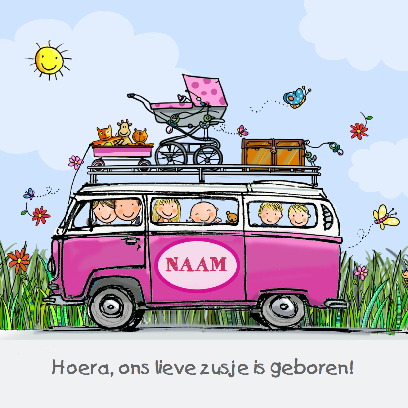 Geboortekaart VW bus babyzusje klant - Geboortekaartjes Geboortekaartjes - Geboortekaart VW bus babyzusje klant