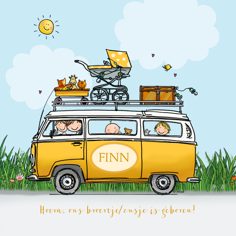 Geboortekaartjes - Geboortekaart VW bus geel met broertje