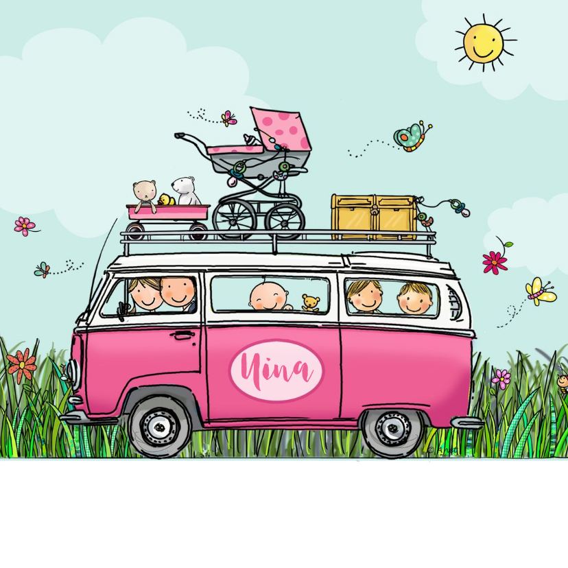 Geboortekaartjes - Geboortekaart VW bus roze hart twee broertjes