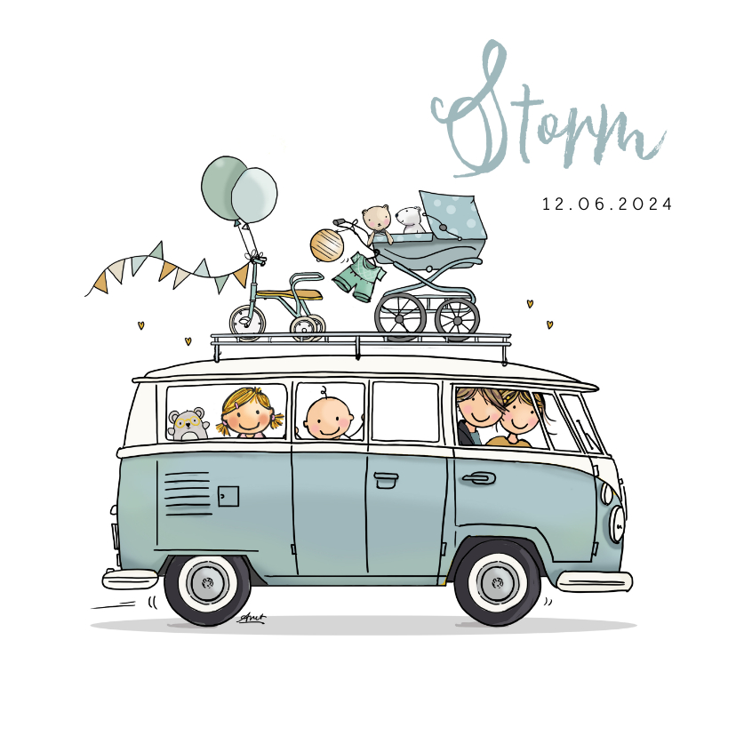 Geboortekaart VW bus T1 blauw zusje - Geboortekaartjes Geboortekaartjes - Geboortekaart VW bus T1 blauw zusje