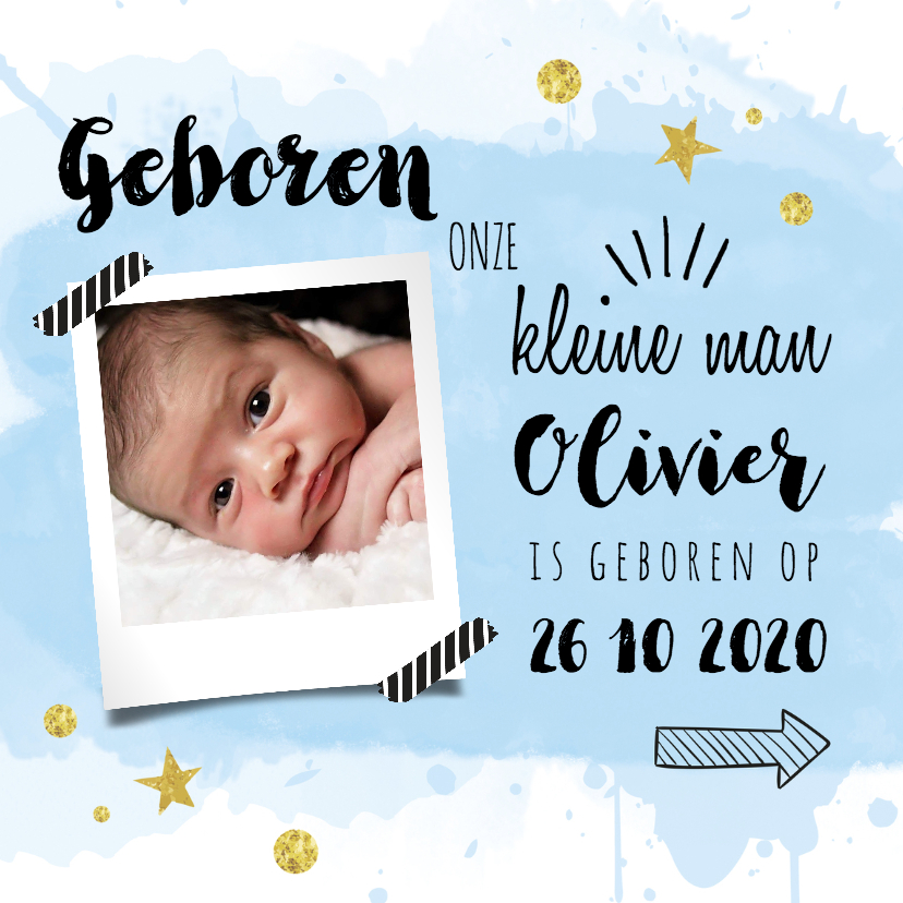 Geboortekaartjes - Geboortekaart waterverf blauw en goud