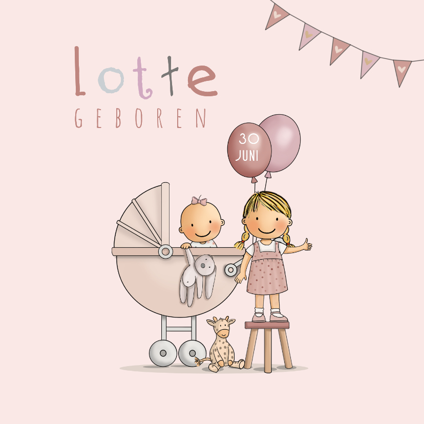 Geboortekaartjes - Geboortekaart zusje kinderwagen 