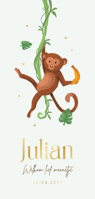 Geboortekaartjes - Geboortekaartje aap jungle dieren goud hartjes groen