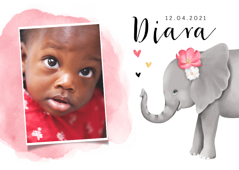Geboortekaartjes - Geboortekaartje adoptie met lief olifantje voor een meisje 