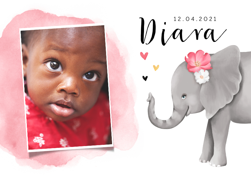 Geboortekaartje adoptie met lief olifantje voor een meisje - Geboortekaartjes Geboortekaartjes - Geboortekaartje adoptie met lief olifantje voor een meisje