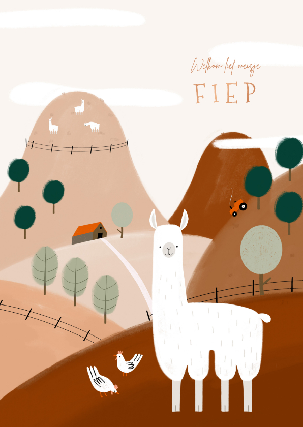 Geboortekaartje alpaca boerderij roest kleur koperfolie - Geboortekaartjes Geboortekaartjes - Geboortekaartje alpaca boerderij roest kleur koperfolie