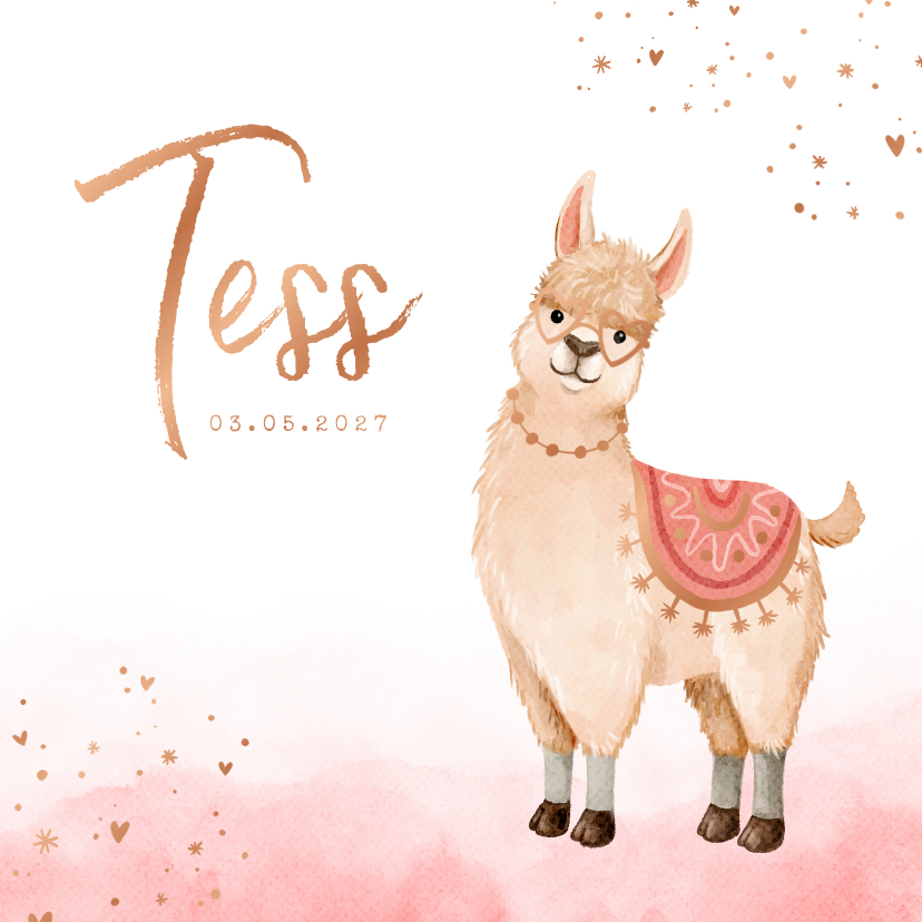 Geboortekaartje alpaca hartjes waterverf koper - Geboortekaartjes Geboortekaartjes - Geboortekaartje alpaca hartjes waterverf koper