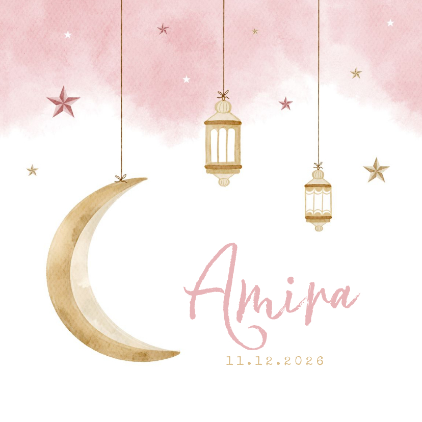 Geboortekaartje Arabisch meisje maan sterren windlichtjes - Geboortekaartjes Geboortekaartjes - Geboortekaartje Arabisch meisje maan sterren windlichtjes