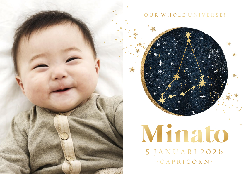 Geboortekaartjes - Geboortekaartje astrologie steenbok goudfolie foto sterren