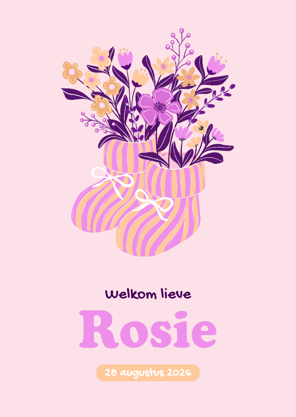 Geboortekaartje babyslofjes met roze en gele bloemen - Geboortekaartjes Geboortekaartjes - Geboortekaartje babyslofjes met roze en gele bloemen