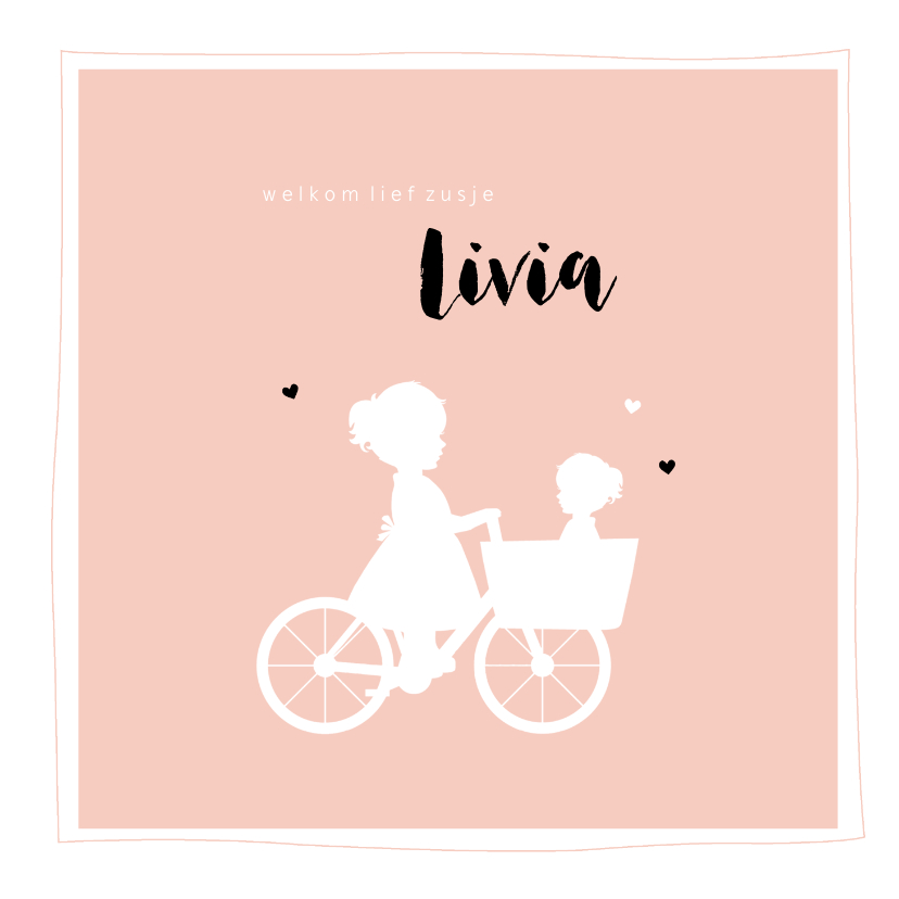Geboortekaartjes - Geboortekaartje bakfiets zus met zusje vierkant silhouet