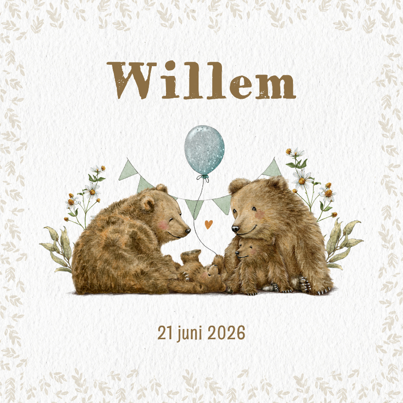 Geboortekaartje beer met ballon tussen familie en bloemen - Geboortekaartjes Geboortekaartjes - Geboortekaartje beer met ballon tussen familie en bloemen