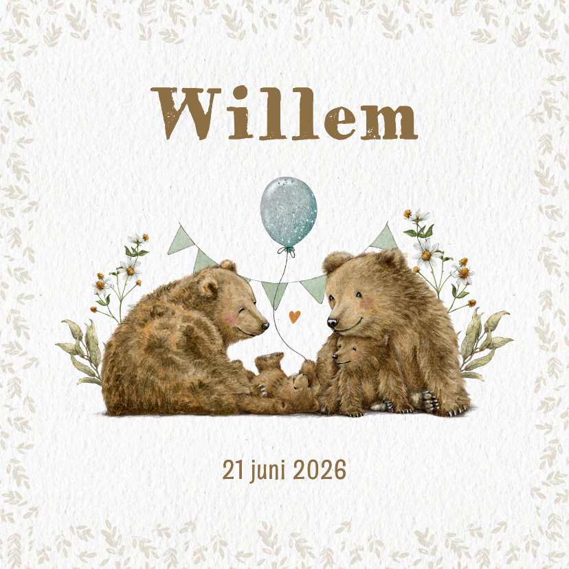 Geboortekaartjes - Geboortekaartje beer met ballon tussen familie en bloemen