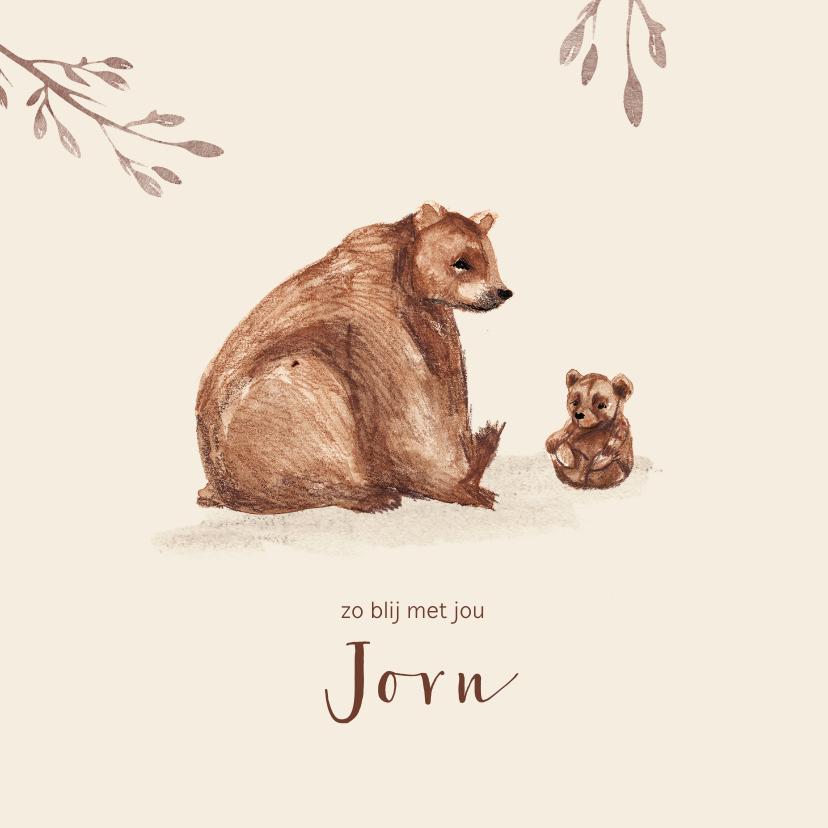 Geboortekaartjes - Geboortekaartje beer met kleine beer en takjes