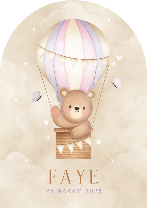 Geboortekaartjes - Geboortekaartje beertje in luchtballon vlinders en wolkjes