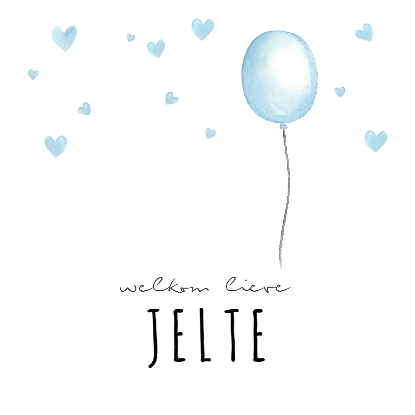 Geboortekaartje blauwe waterverf ballon met hartjes - Geboortekaartjes Geboortekaartjes - Geboortekaartje blauwe waterverf ballon met hartjes